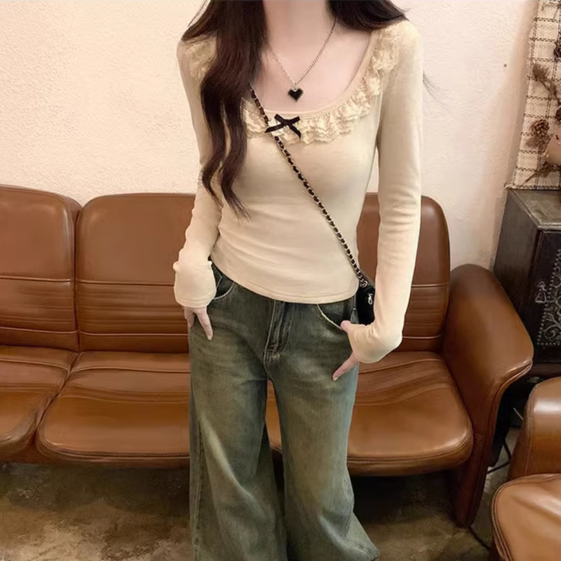 Miao Yijia thickened velvet bottoming shirt for outer wear for women in autumn and winter, western style 2025 new lace sexy and high-end sense lace collar bow long-sleeved T-shirt oatmeal color L recommended 110-120 pounds