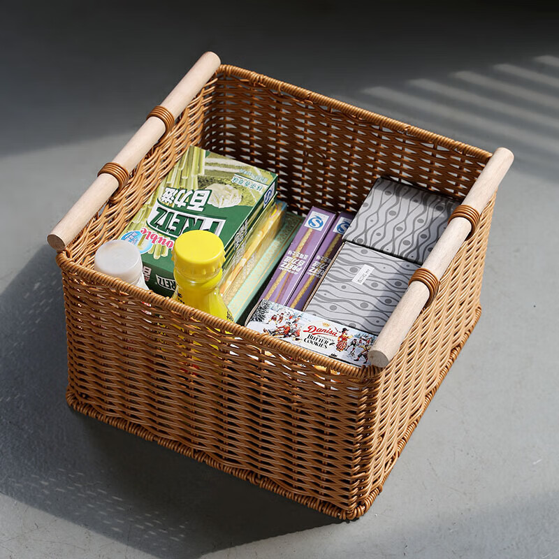 Storage basket imitation rattan Japanese-style storage box simple living room study cabinet finishing basket snack storage box wooden handle brown double opening 30*30*21cm