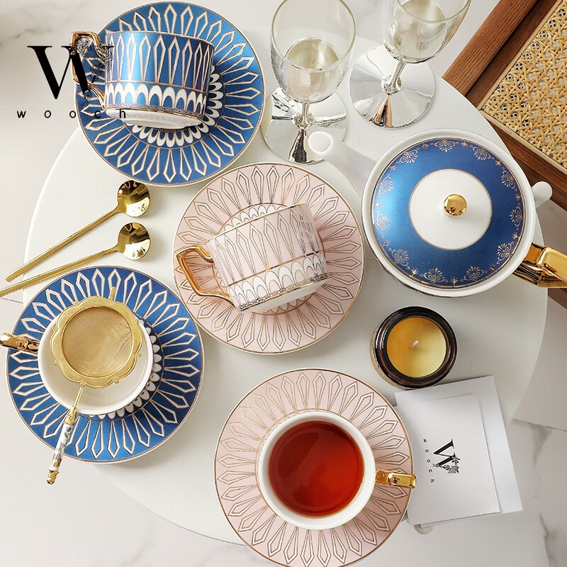 WOOCH Victoria 1 Pot 4 Cups and Saucers Gift Box Light Luxury Afternoon Tea Set New Home Gift Wedding Gift Victoria 1 Pot 4 Cups and Saucers - Brilliant Blue + Red Gift Box