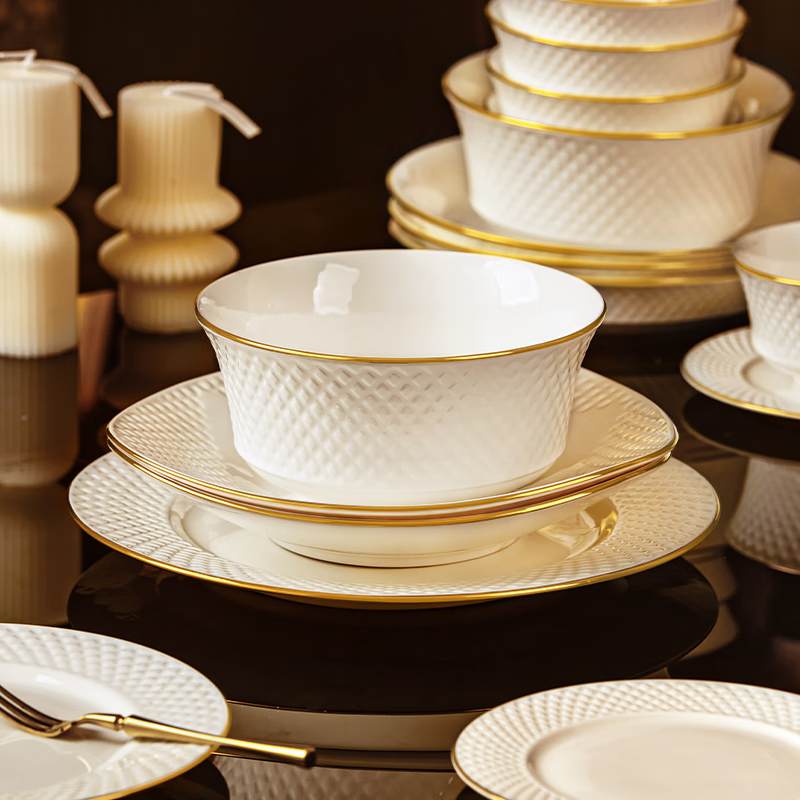 NINE CRANES modern light luxury Jingdezhen bone china bowl and dish set household moving gift bowl and dish set high-end tableware set 80 pieces 10 person set Microwave sterilizer