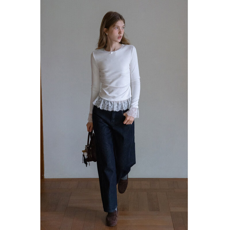 EGGKA round neck lace white long-sleeved bottoming T-shirt slimming top E25A3988BK white S