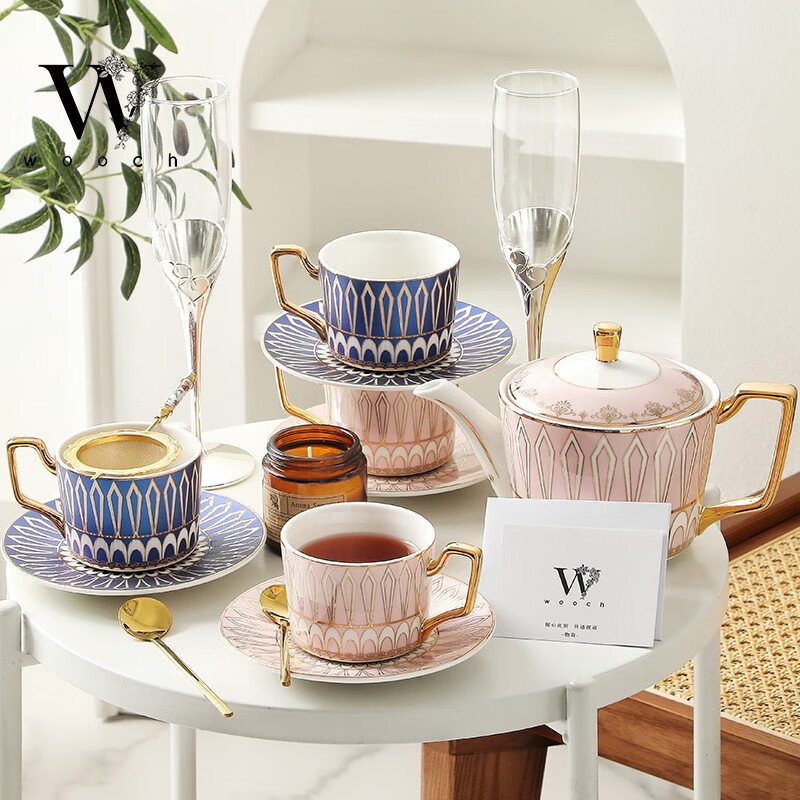 WOOCH Victoria 1 Pot 4 Cups and Saucers Gift Box Light Luxury Afternoon Tea Set New Home Gift Wedding Gift Victoria 1 Pot 4 Cups and Saucers - Brilliant Blue + Red Gift Box