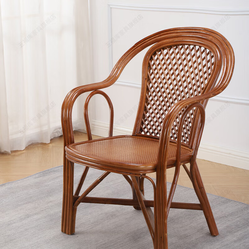 Wufuku genuine rattan rattan chair three-piece set for the elderly with backrest single chair for home living room study balcony leisure handmade old-fashioned Teng chair coffee color - grid eight-character chair (single chair)