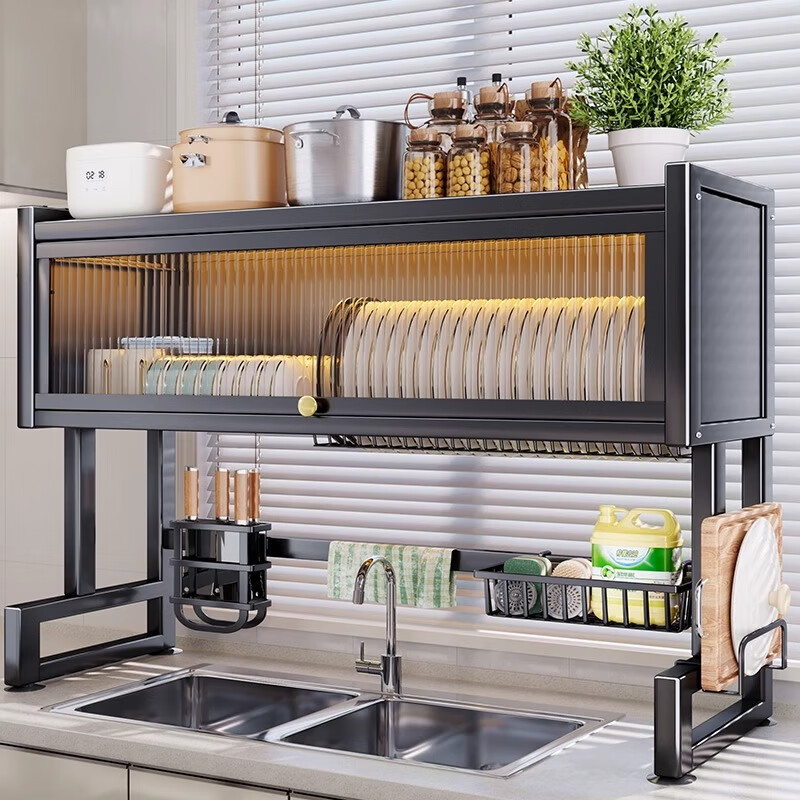 Kunfeng kitchen sink rack drain rack countertop dish storage rack knife rack dishwashing sink pool dustproof cupboard storage black main rack regular 65CM