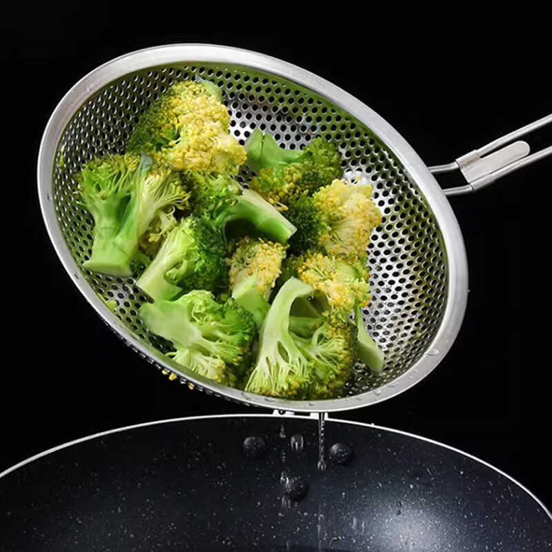 Jekero colander, stainless steel colander, kitchen utensil filter, frying pan, oil grid, noodle and dumpling spoon, wooden handle colander