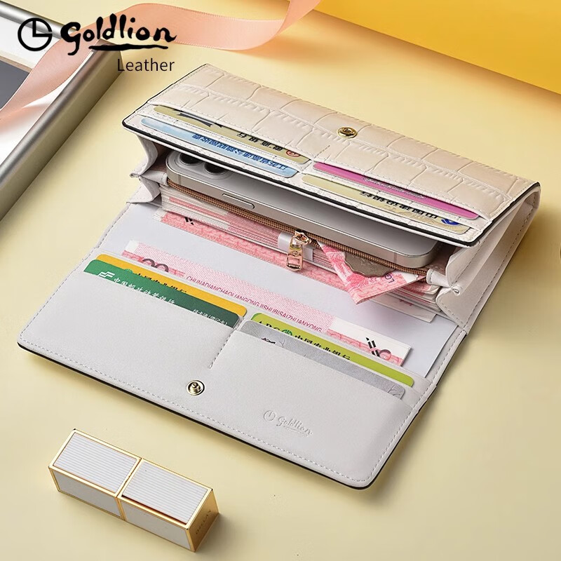Goldlion long wallet for women 2025 new cowhide clutch bag for girls with multiple card slots genuine leather light luxury ladies handbag high-end series 2 white