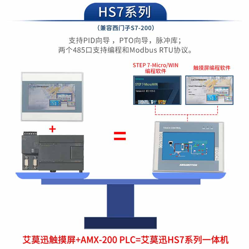 Aimoxun touch screen plc all-in-one industrial control domestic 7-inch/4.3-inch industrial-grade embedded programmable controller compatible with Mitsubishi fx3u/Siemens S7-200smart 7-inch S7-200 AMX-HS7-46MRT