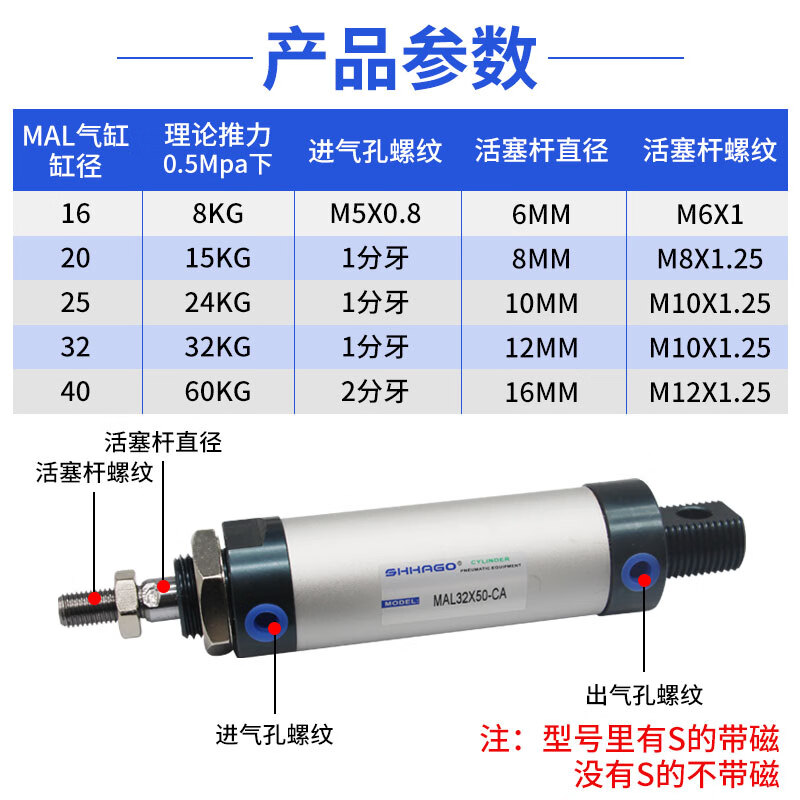 Customized aluminum alloy mini cylinder small pneumatic MAL321620255075100CA type gas MAL25X100-CA