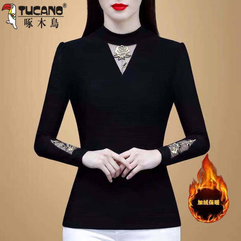 Woodpecker black long-sleeved shirt versatile 2025 beautiful outer wear half turtleneck mesh bottoming shirt warm autumn and winter plus velvet thickening black style regular XL recommended 110-120 pounds