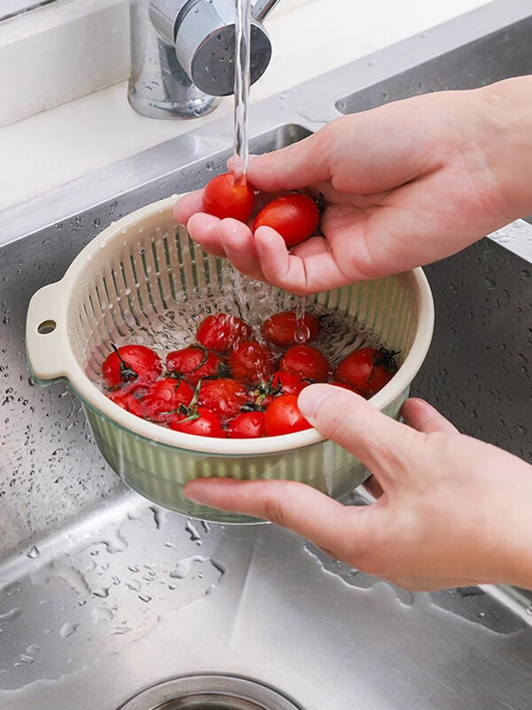 Camellia Valley double-layer drain basket vegetable basin fruit plate kitchen living room home round vegetable basket simple plastic storage frame medium military green 2-piece set