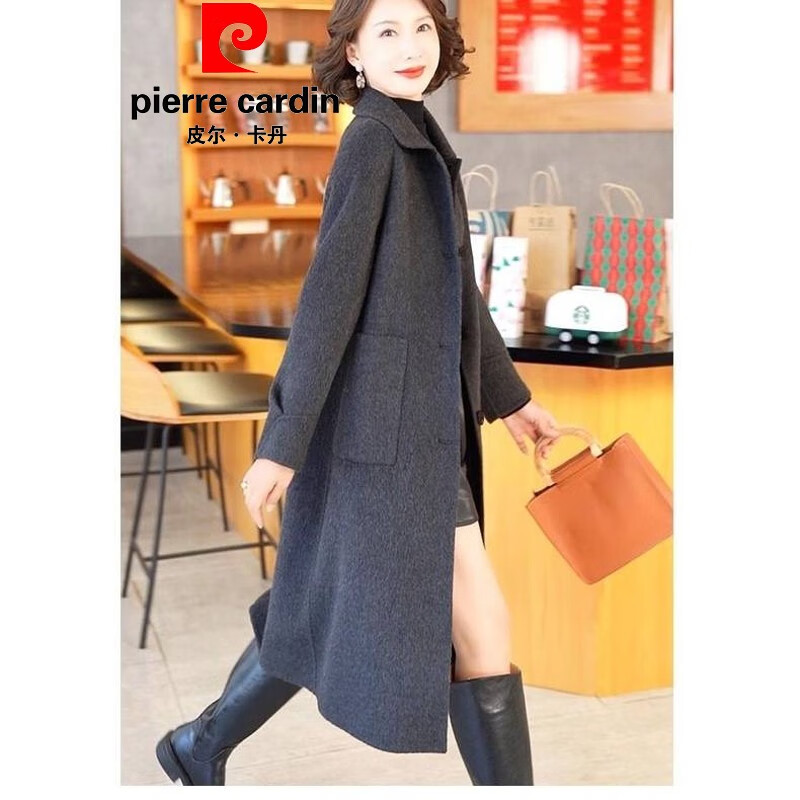Pierre Cardin official brand flagship women's woolen coat women's mid-length woolen double-sided woolen winter thickened carbon gray woolen (quilted) thickened M recommended 105-120 pounds
