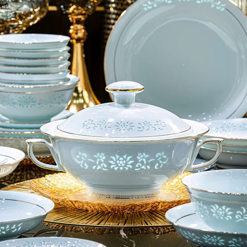 Moyu Jingdezhen original mine glazed kaolin 1380 celadon exquisite tableware complete bowl and plate set household dishes housewarming gold edge celadon exquisite underglaze color leather case 70 pieces