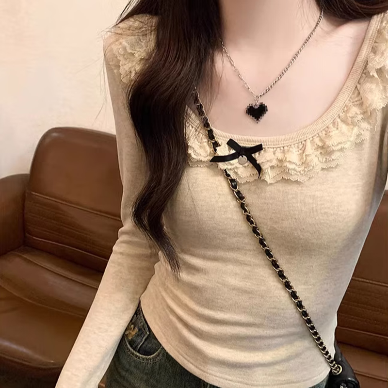 Miao Yijia thickened velvet bottoming shirt for outer wear for women in autumn and winter, western style 2025 new lace sexy and high-end sense lace collar bow long-sleeved T-shirt oatmeal color L recommended 110-120 pounds