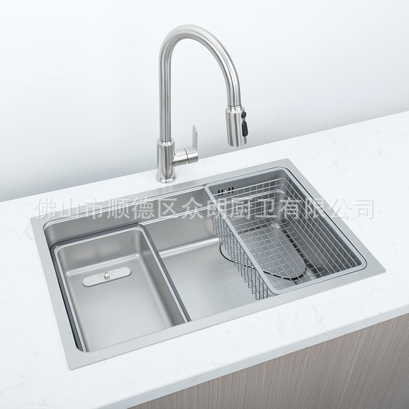 Zhonglang Japanese-style 304 stainless steel brushed embossed nano gray large single-slot thick edge stretch sink vegetable basin 7643 690X430 (double steps)
