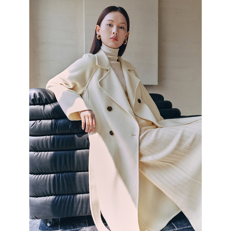 PEACEBIRD Women's Woolen Coat Master Zhen velvet series bathrobe double-sided woolen Hepburn style off-white M