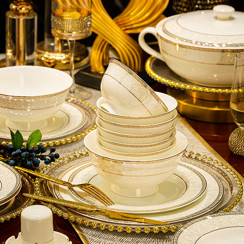 Jingqiu high temperature underglaze color bowl and plate set household European style Jingdezhen high-end bone china tableware complete set of bowl and plate set for housewarming underglaze color small qualification transfer 10 people suitcase 60 pieces