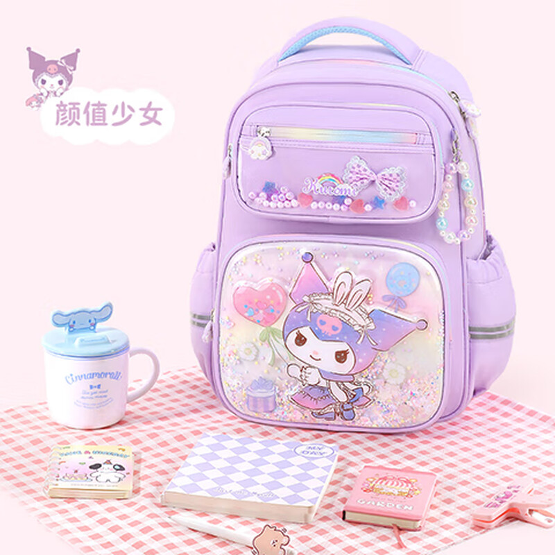 Hello Kitty Kuromi School Bag Elementary School Girls Grade 3, 2, and 1 Girls Spine Protection and Burden Reduction Children's Melody 651A Powder