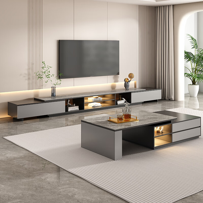Mushun light luxury coffee table TV cabinet modern simple home living room storage cabinet small apartment retractable TV cabinet combination retractable TV cabinet 1.8-2.6 meters light luxury gray