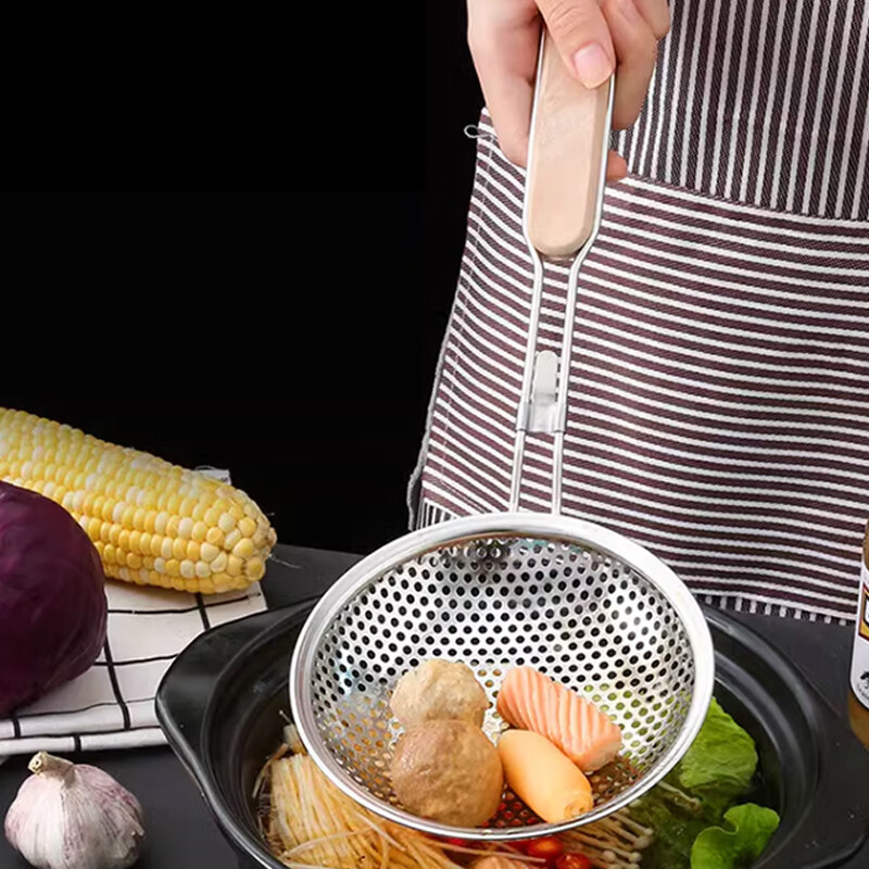 Jekero colander, stainless steel colander, kitchen utensil filter, frying pan, oil grid, noodle and dumpling spoon, wooden handle colander