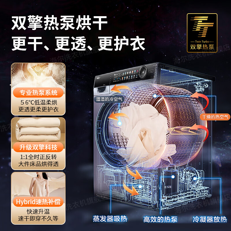 Haier flagship light luxury top equipped with Yunxi direct drive large capacity 13kg drum washing machine dual engine heat pump washing and drying all-in-one machine 525 large diameter ultra-thin alternative washing and drying set