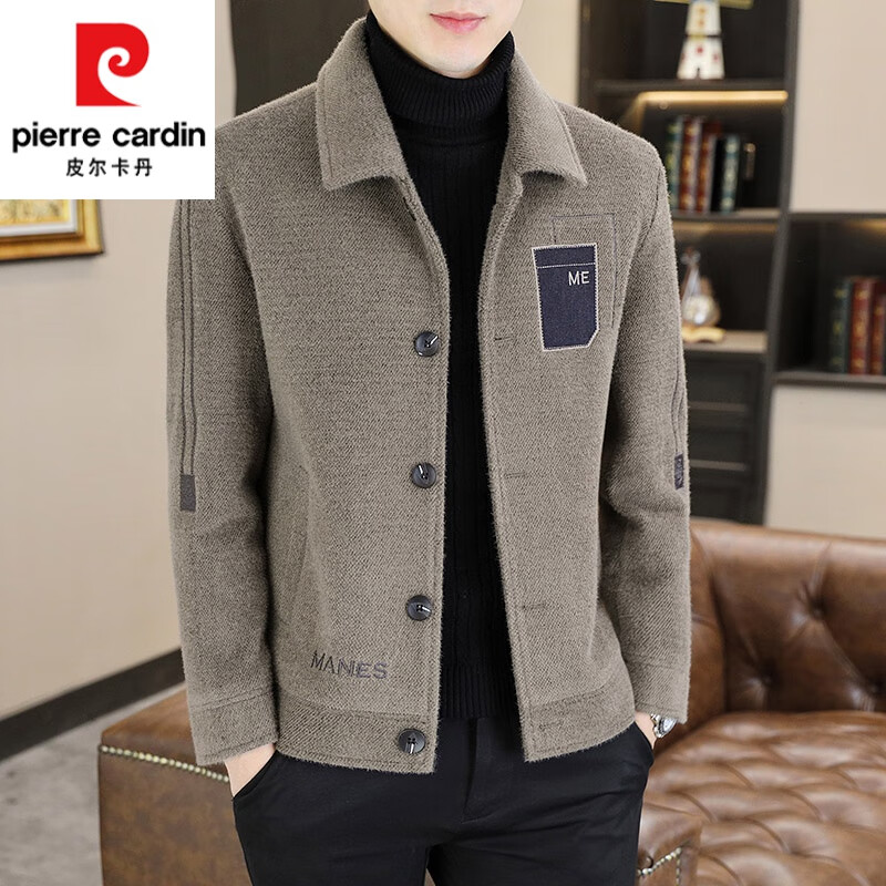 Pierre Cardin Men's Gold Mink Woolen Jacket Autumn and Winter New Woolen Coat Short Men's Casual Thickened Lapel Jacket Gray Cotton 4XL 160-175 catties