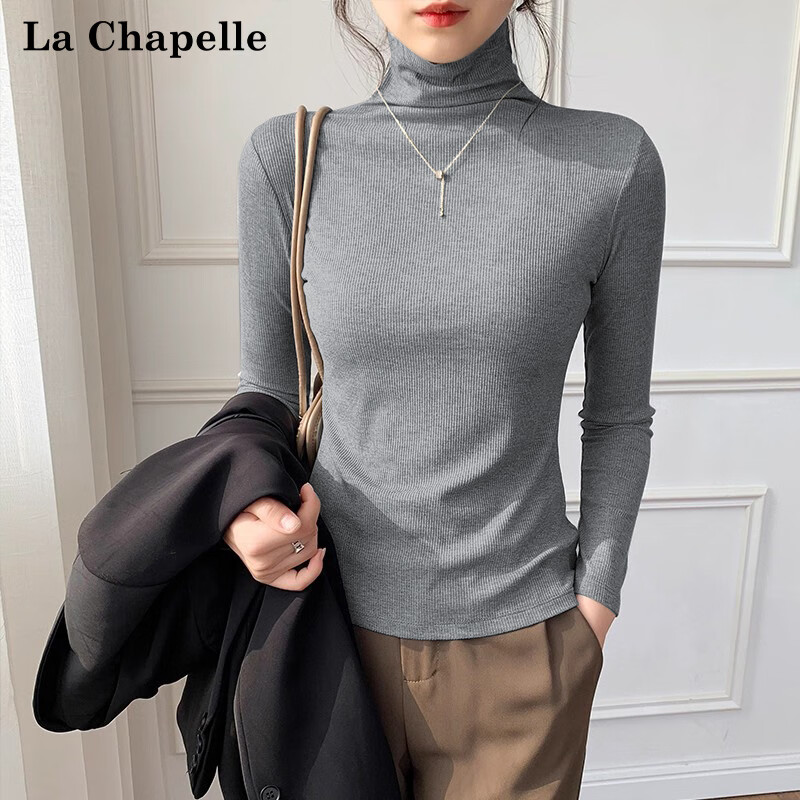 La Chapelle turtleneck bottoming shirt for women, autumn and winter new threaded thin tight long-sleeved knitted top, black S