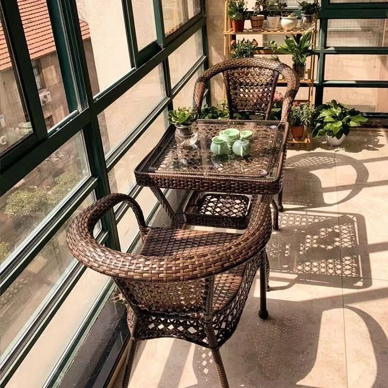 Jingheng outdoor table and chairs, courtyard balcony leisure rattan chair three-piece set, patio outdoor chair, rattan chair, small coffee table combination, 2 chairs + 64 square table, free cushion