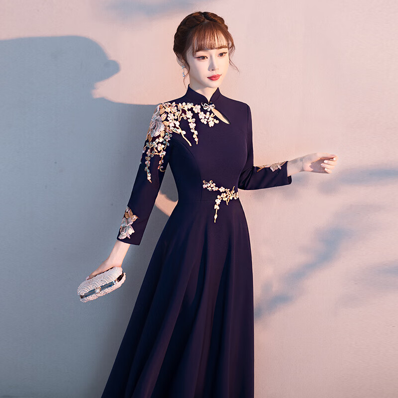 Late summer and early winter cheongsam evening dress for women 2023 summer new style banquet temperament choir slimming slim conductor performance navy blue L