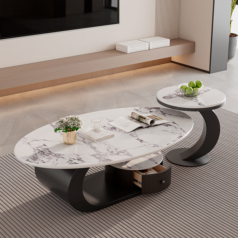 Yuelun Italian light luxury microcrystalline stone slate coffee table simple and modern 2025 new home living room small apartment high-end coffee table black frame + white drawer 120+50 (swan white)