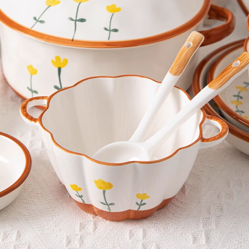 Person Mountain Chrysanthemum 9.5 double-ear soup bowl household high-looking small fresh ceramic large bowl anti-scalding screw noodle bowl with spoon