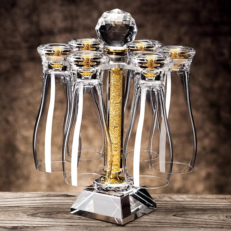 Duoli gold foil crystal glass juice cup, beer glass, milk cup, large capacity beer glass, with rack for restaurants, 6 hanging rotating cup holders + 6 gold foil beer cups