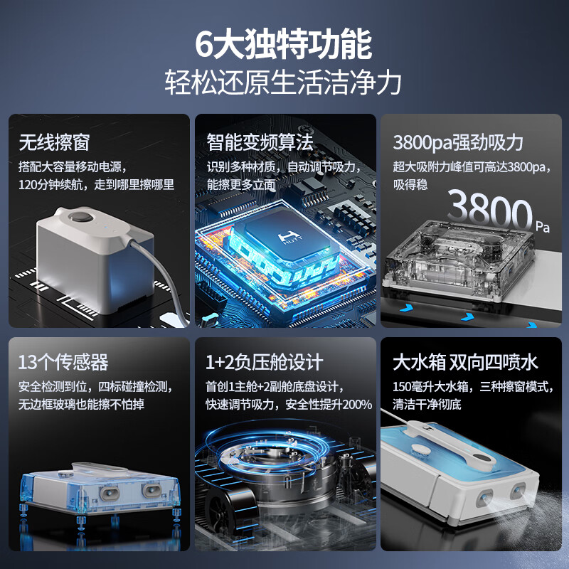 Hurt's top-of-the-line flagship window cleaning robot W9 glass cleaning robot household fully automatic frequency conversion two-way four-jet water dry and wet glass cleaning artifact W9+ mobile power supply version 60% customer choice