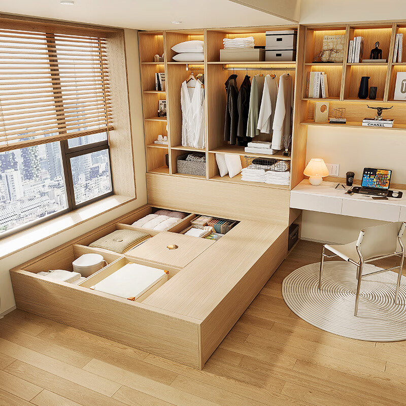 Sophia tatami bed, log style bookcase, desk, wardrobe integrated with lift table, storage cabinet furniture, teenagers' second bedroom, privileged deposit (can be canceled in store)