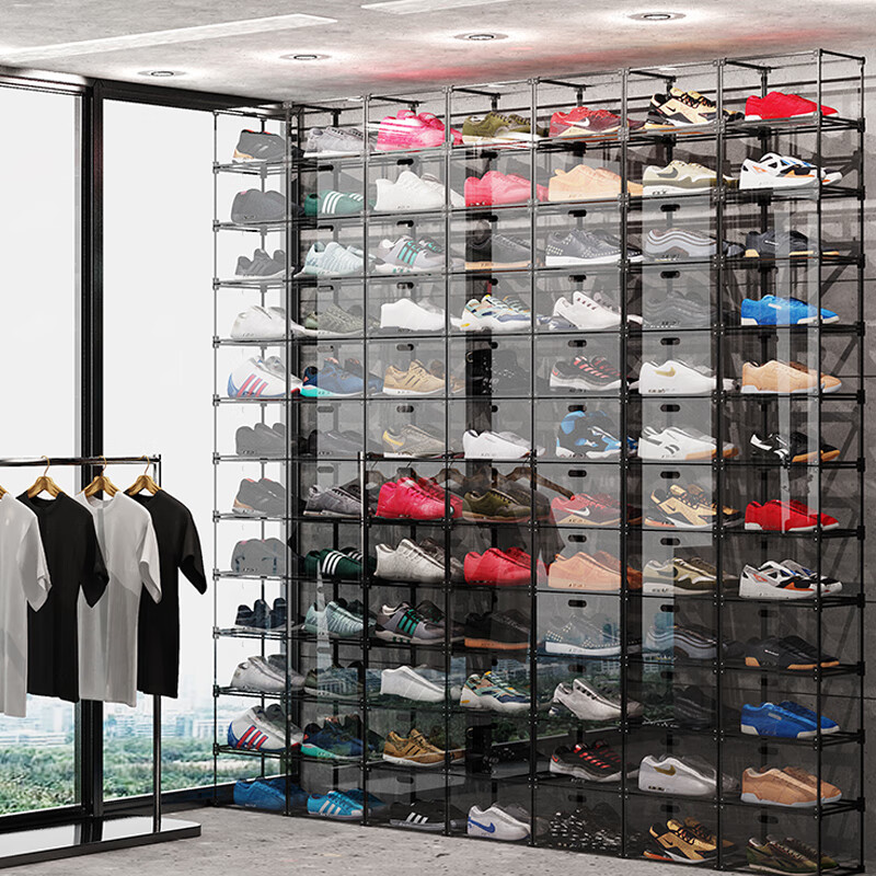 Shoe lover (shoe lover) shoe box storage box transparent acrylic aj sneaker collection shoe cabinet Internet celebrity custom shoe wall dustproof side opening shoe rack black frame (4 pieces) medium side opening (44 size high top)