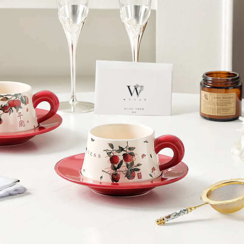 WOOCH Peace and Joy Wedding Gift Coffee Pair of Cups and Saucers Gift Box High-end Exquisite Luxury New Home Move-in Gift for New Year Peace and Joy Pair of Cups-Peace + Joy + Red Gift Box