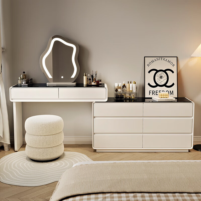 Xinang Cream Style Dressing Table 2024 New Extremely Narrow 30cm Bedroom Simple Modern Drawer Cabinet Integrated Bedside Cabinet Makeup Table White 80cm + Six Drawer Cabinet + Cloud Mirror + Petal Chair