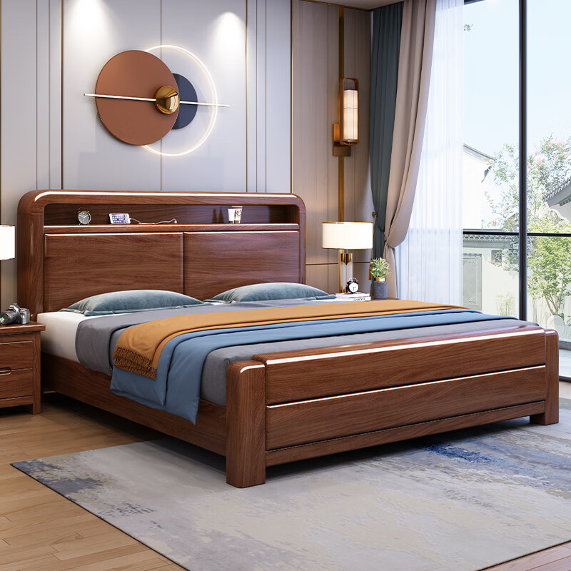 Maiyayue walnut new Chinese style solid wood 1.8m double bed master bedroom wedding bed solid wood bed simple modern 1.5m home bed walnut bed + latex brown cushion 1800*2000mm frame style