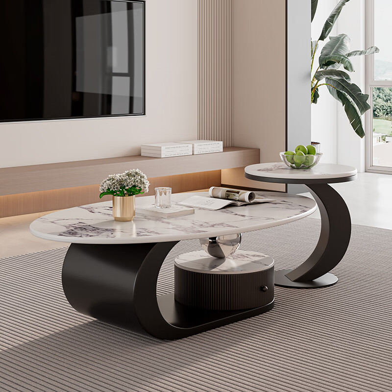 Yuelun Italian light luxury microcrystalline stone slate coffee table simple and modern 2025 new home living room small apartment high-end coffee table black frame + white drawer 120+50 (swan white)