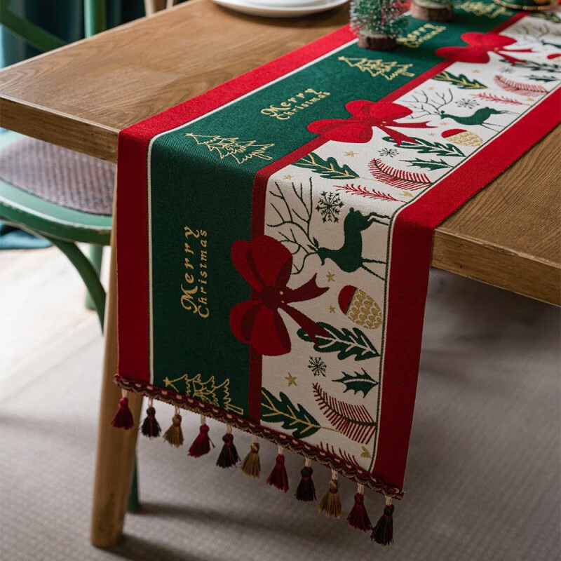 Chuangjingyi selected table flag cloth long Christmas tablecloth table decoration cloth American light luxury high sense retro sideboard coffee table cover cloth Christmas Park-Green 35*260cm (table length 180-210cm optional)