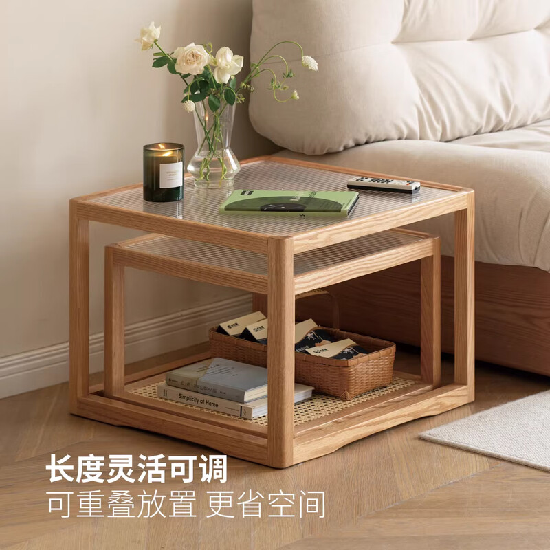 Genji Muyu solid wood glass coffee table designer log furniture small apartment size combination rattan small tea table solid wood color square table set (small square table + large square table) complete set