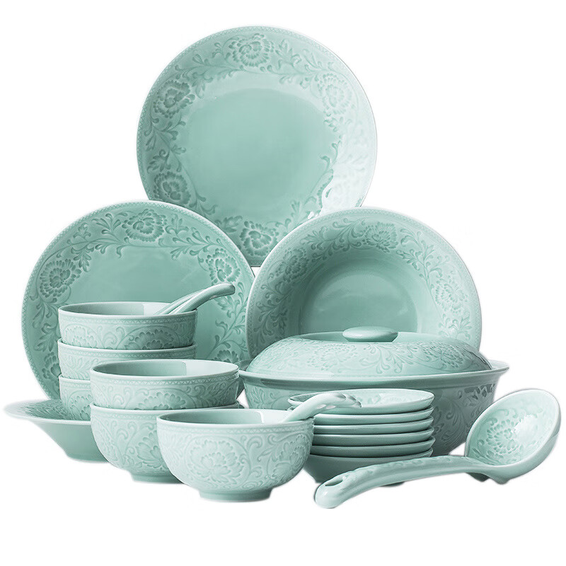 Su's Ceramics New Year's Gift Celadon Set Tableware Blooming Wealth 25-Head Ceramic Plate Bowl Gift Box G90373-1