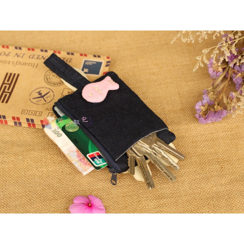 CLCEY is suitable for cartoon cute fabric pull-out key bag access control meal card holder zipper coin bag women's key dark blue cat patchwork flower