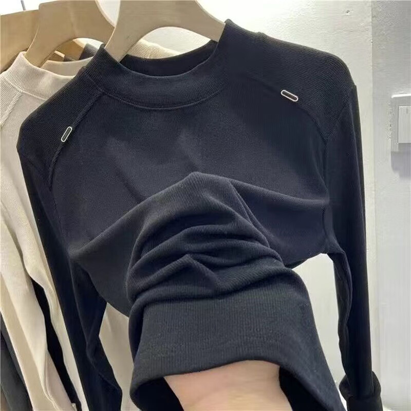 Luo Dada bottoming shirt for women in autumn and winter new casual round neck slimming long-sleeved T-shirt for women with warm top, brown M, recommended 85-100 pounds