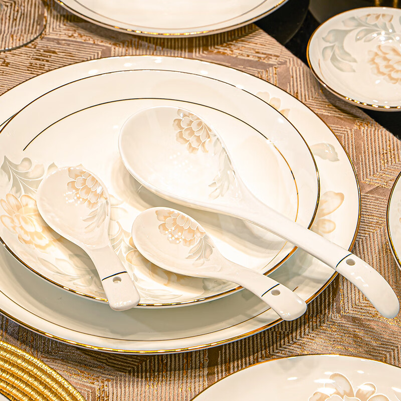 Yanlai Jingdezhen Ceramic Bowl Set Household Bowl Set Light Luxury Tableware Set Chinese Style Phnom Penh Housewarming Bowls and Chopsticks One Season Flowers Bloom 56 Prince Gold Edition Gift Box