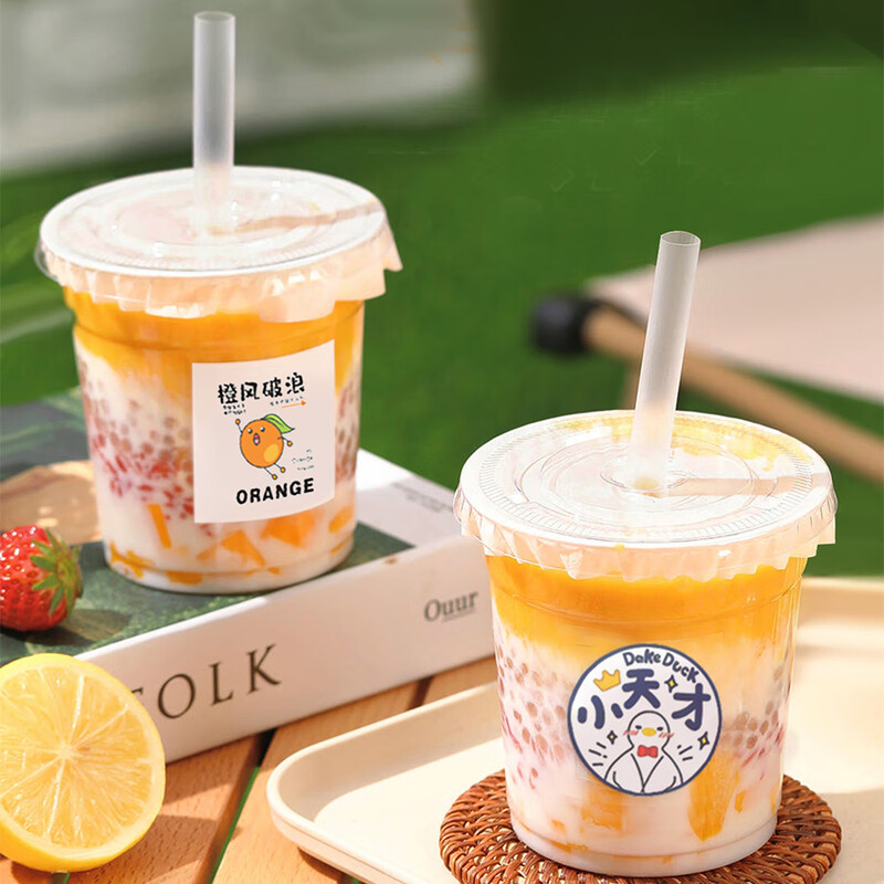 Milk tea cup, disposable transparent coffee cold drink cup, commercial take-out thickened plastic beverage packaging with lid, 420mL cup+lid+straw+leak-proof paper+sticker 100 sets
