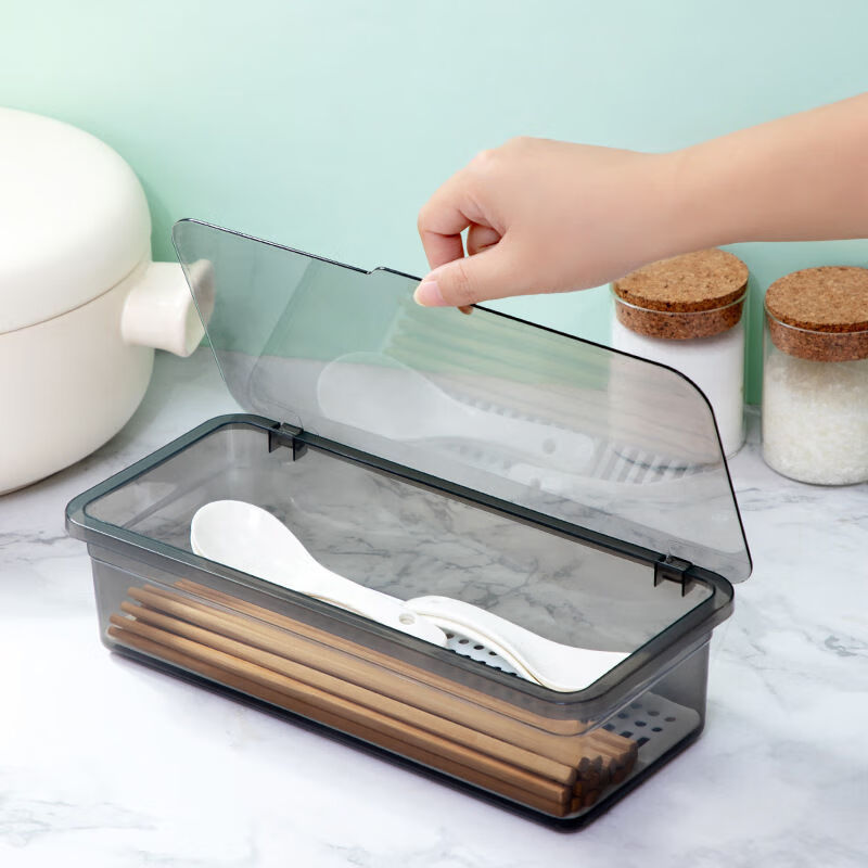 Transparent chopstick storage box kitchen household drain with lid chopstick tube tableware spoon chopstick cage storage rack gray 1 piece