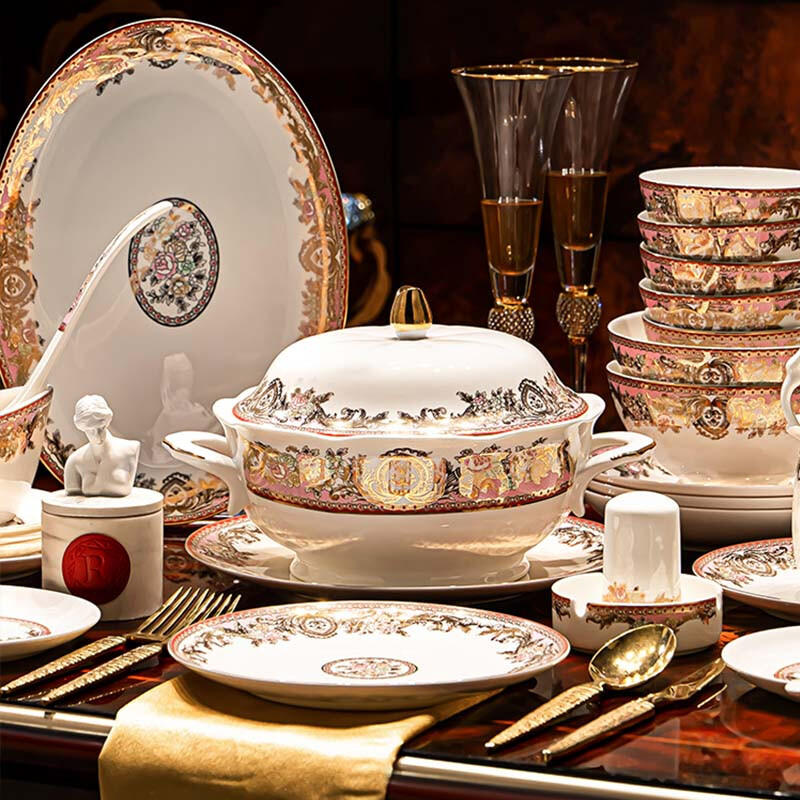 Manyuan Chinese light luxury tableware set, high-looking Jingdezhen bone china gold-rimmed dishes, home-style ceramic bowls, My Heart Will Go On, luxury 10-person configuration, 62-piece set