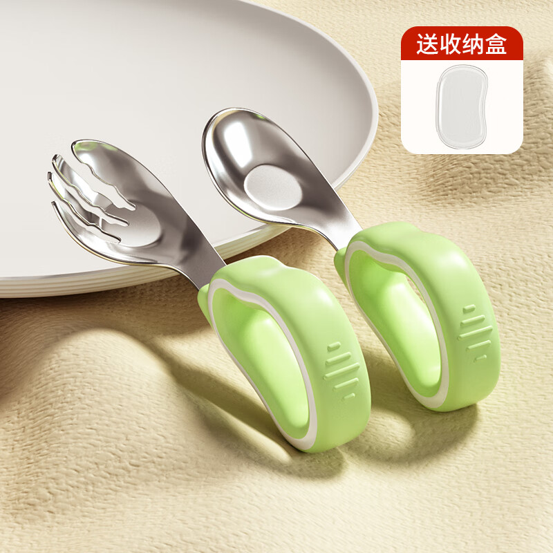 COOKSS children's spoon Yuanbao spoon learning to eat 316 stainless steel fork spoon elbow baby silicone short handle training food spoon