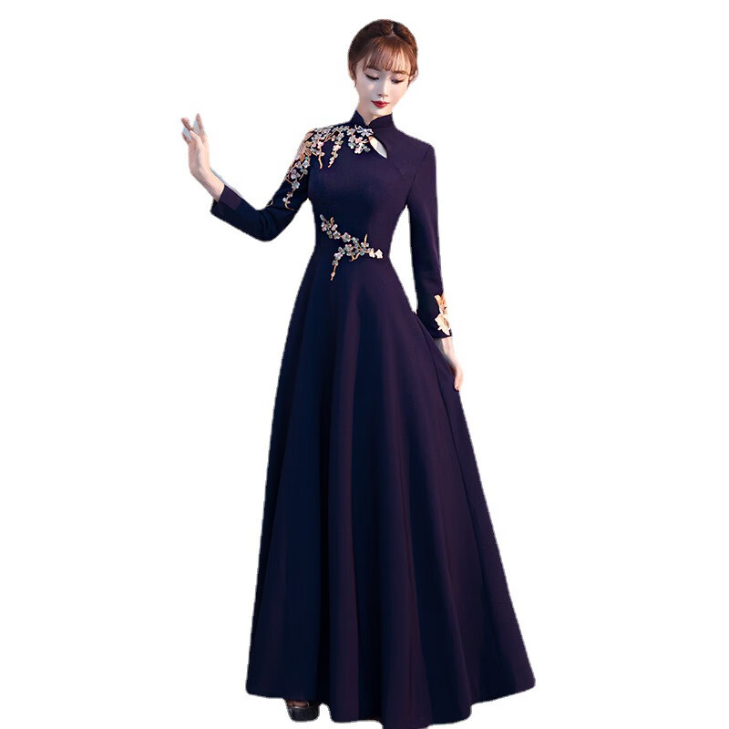 Late summer and early winter cheongsam evening dress for women 2023 summer new style banquet temperament choir slimming slim conductor performance navy blue L