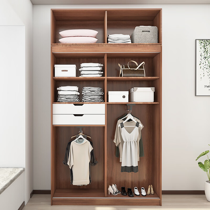 Pingzi set tatami wardrobe integrated bed bedroom furniture storage bookcase wardrobe bed box ENF grade paint-free board customization embossed walnut color 1.5m tatami + bookshelf cabinet + wardrobe